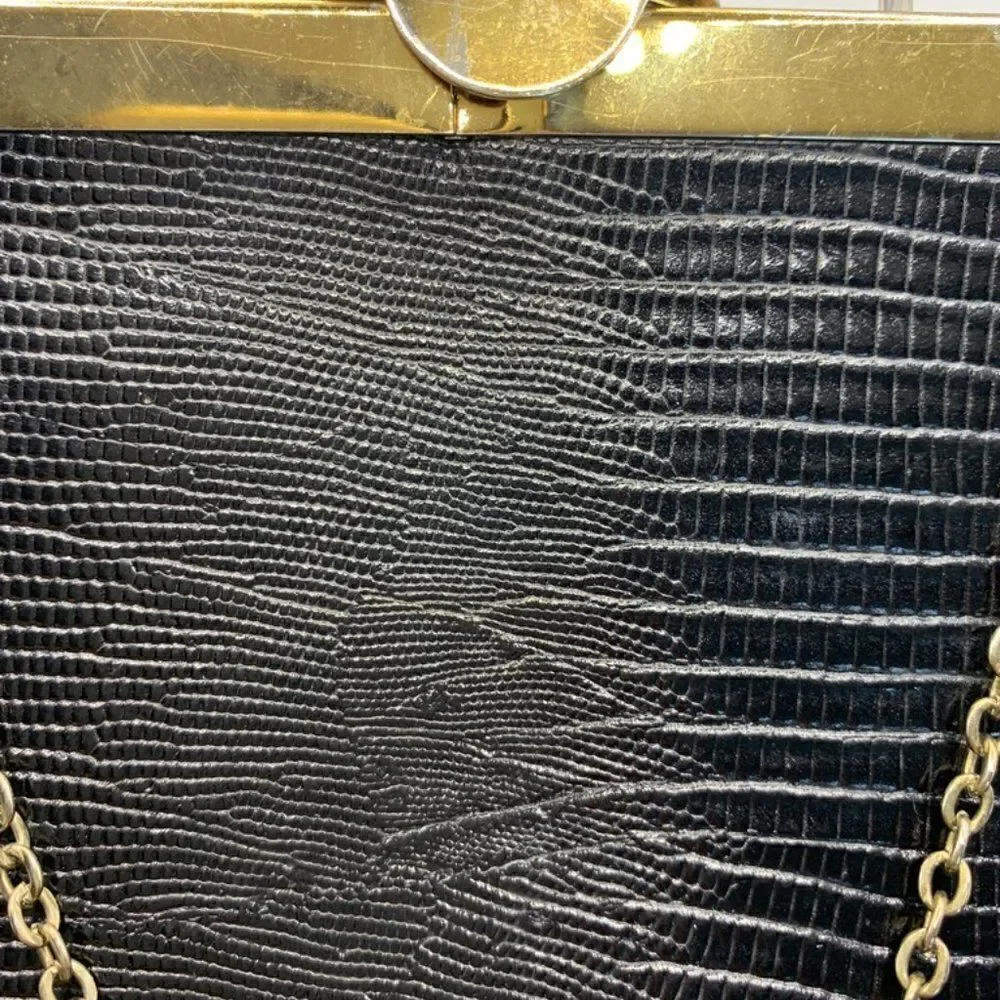 Vintage Etra Black and Brass Chain Croc Embossed Leather Purse